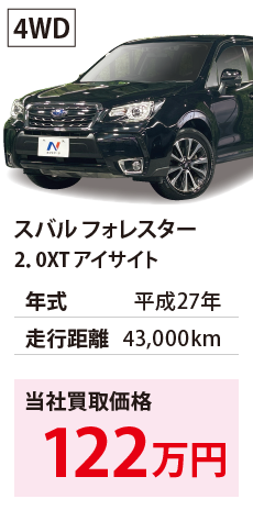 スバル フォレスター	2．0XT アイサイト	平成27年	43,000km	122	4WD	SJG-031041.eps	H27年式 4.3万km