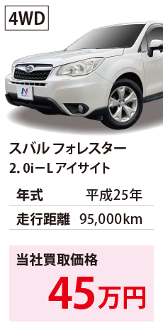スバル フォレスター	2．0i－L アイサイト	平成25年	95,000km	45	4WD	SJ5-020923.eps	H25年式 9.5万km	スバル フォレスター