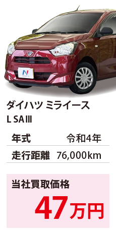 ダイハツ ミライース	L SAⅢ	令和4年	76,000km	47		LA350S-0297111.eps	R4年式 7.6万km